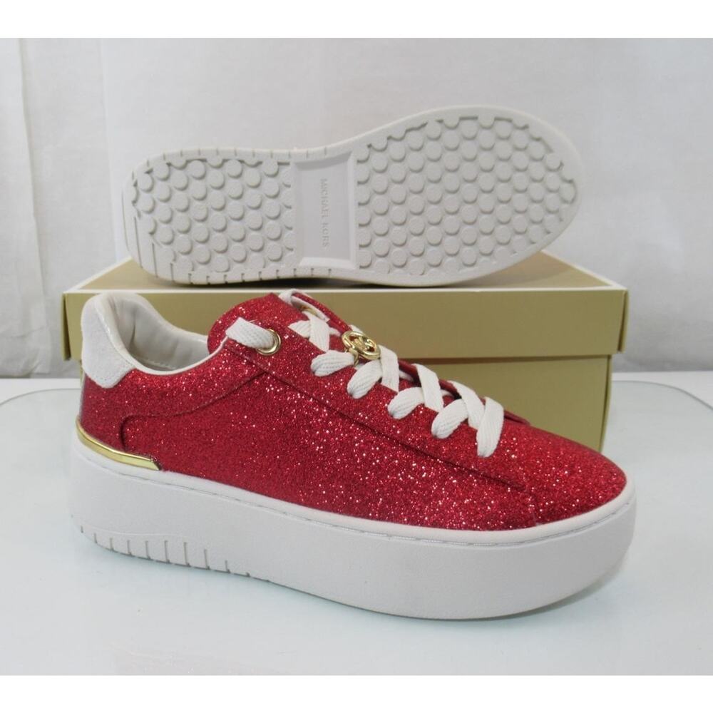 Michael Kors Size 8.5 Dottie Lace Up Platform Sneakers Glitter Leather Red - Picture 8 of 8